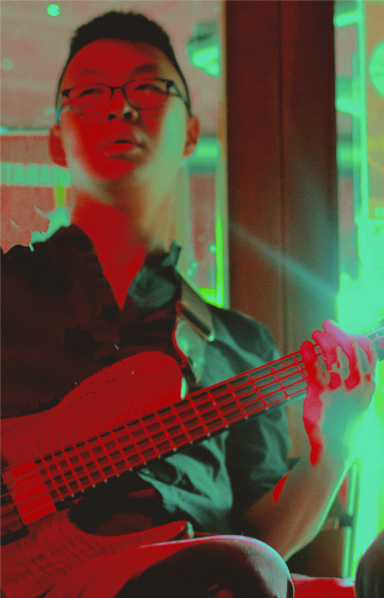 Jon Guo playing guitar, stylized with red/green